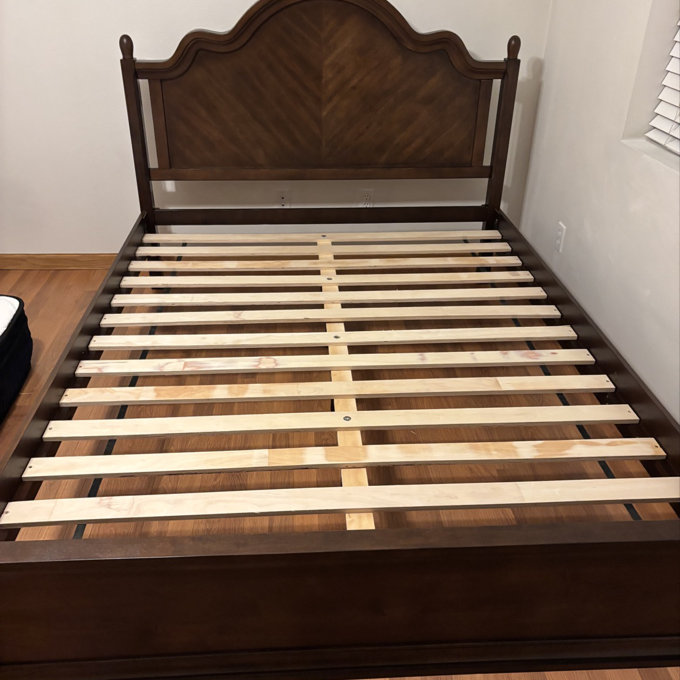 Mid-Century Modern Solid Wood Bed With Herringbone-Inspired Pattern Headboard - Vintage Black, Queen