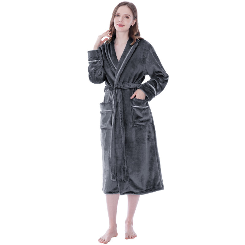 Peignoir mi-mollet en molleton avec poches, Gris, 2TG