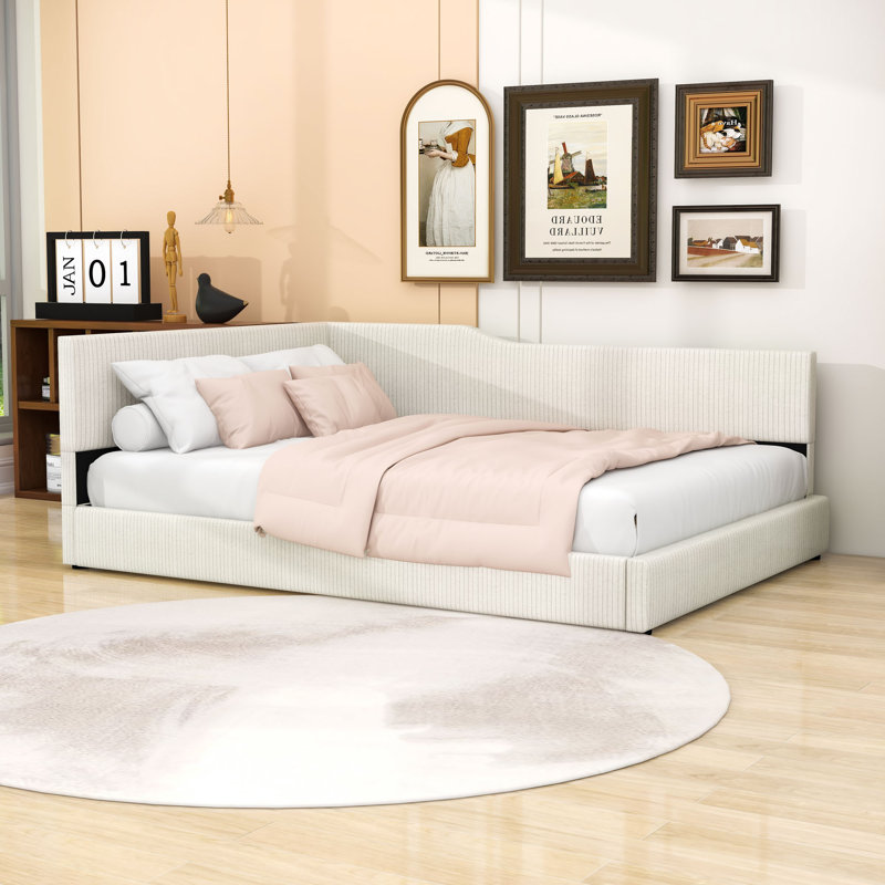 Lit plateforme tapissier avec tête de lit, Beige, Double