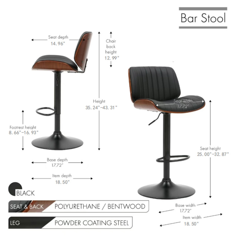 Bragonier Swivel Adjustable Height Faux Leather Mid-Century Bar Stool, Black