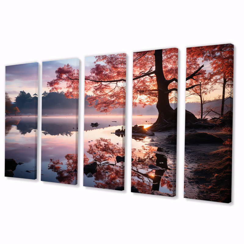«Lake Serenity Pastel Sunrise In Autumn - Lake Wall Art Print», 5 panneaux égaux