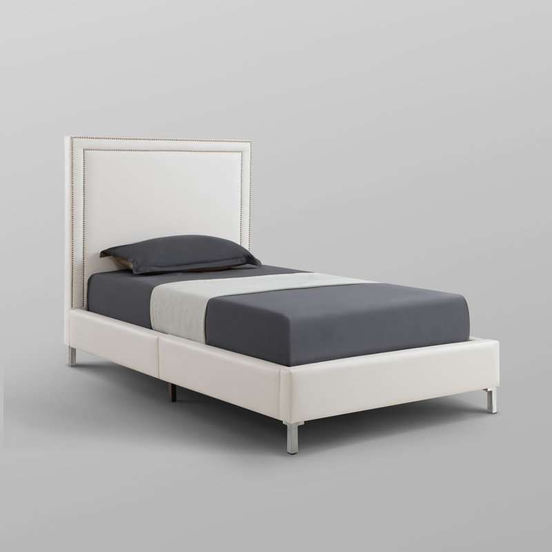 Lit plateforme tapissier Crampton, Cuir, Blanc, Lit simple