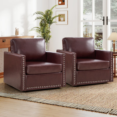 31'' Wide Vintage-Inspired 360-Degree Swivel Faux Leather Accent Chair With Nailhead Detailing(Set Of 2)