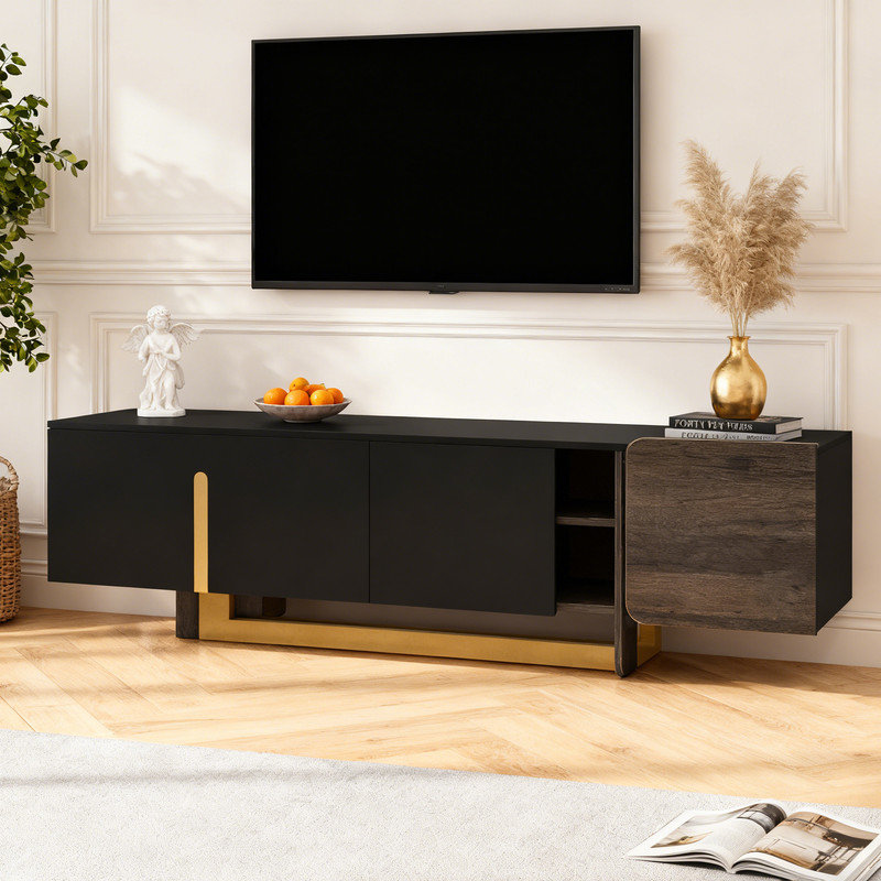 66.7" Modern TV Stand With Metal Legs, Entertainment Center With 1 Drawer & 2 Cabinets For Up To 70 Inch Tvs, Black