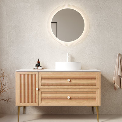 Meuble-lavabo autoportant de 48 po, lavabo en céramique blanche, contreplaqué haute résistance de 0,7 po, finition chêne avec rayures exquises, 3 tiroirs, 1 porte, amortisseur à fermeture douce, artisanat rayé pré-assemblé, portes,
