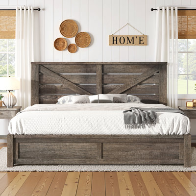  Tryston Farmhouse King Bed Frame with 49.2" Barn Door Headboard, Gray