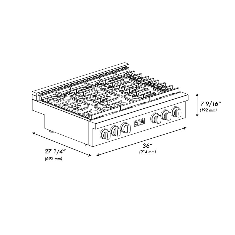 ZLINE 36 in. Autograph Paramount Gas Rangetop in DuraSnow® Steel w/ Bronze Accents, Satin Stainless Steel/Polished Gold