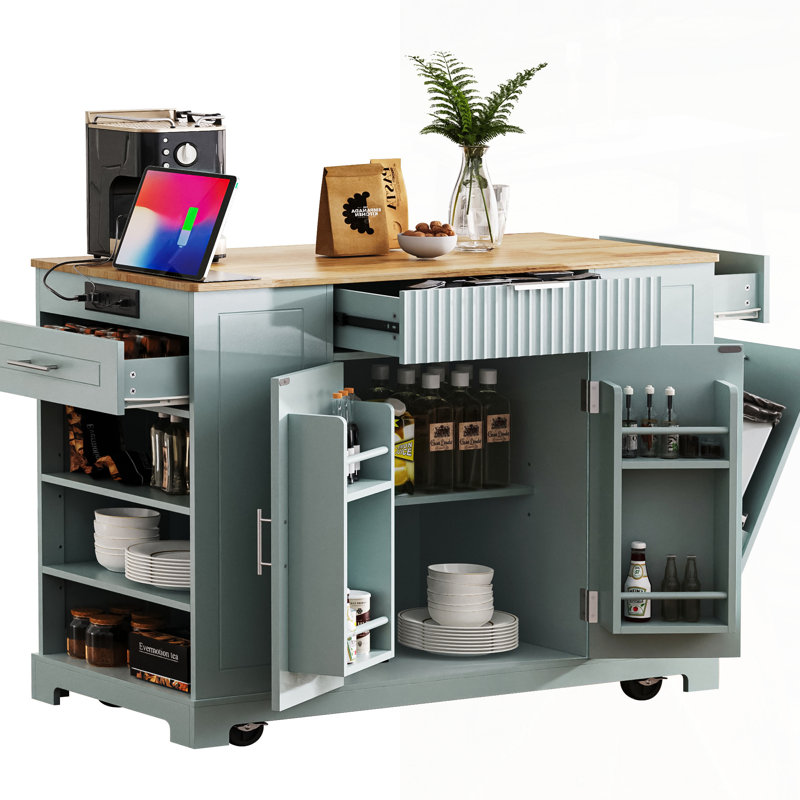 Fluted Kitchen Island With Trash Can Storage, Power Outlet, And Rolling Design For Enhanced Mobility And Organization
