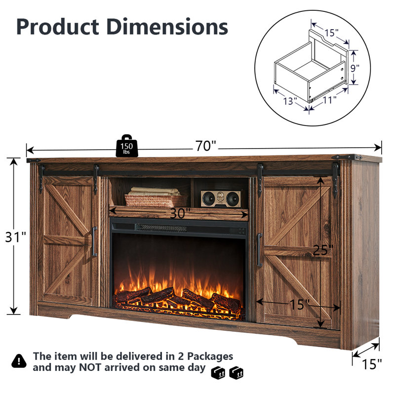 Dossou 70 Inch TV Stand For TVs Up To 80 Inches With Electric Fireplace Included, Brown, Brown