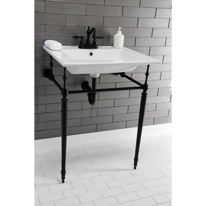 Kingston Brass Edwardian 25-Inch Ceramic Console Sink with Brass Legs (4-Inch, 3-Hole), White/Matte Black