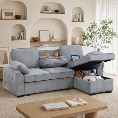 Latitude Run® 91.5 " Modern Shariff Reversible Chenille Upholstered Sleeper Sectional Sofa with Storage Chaise