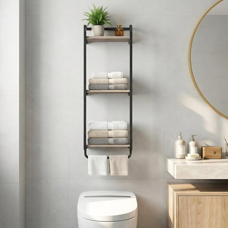 Porte-serviettes mural à 3 niveaux avec barre de suspension pour salle de bain, rangement compact pour serviettes, articles de toilette et articles essentiels