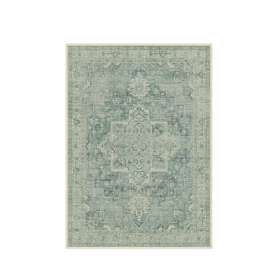 5 × 7 Ft Distressed Teal Medallion Area Rug for Office, Teal Beige