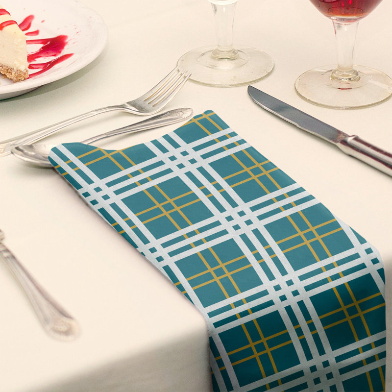 Plaid Square Napkin, Teal/Gold/White, 10" x 10", Polyester