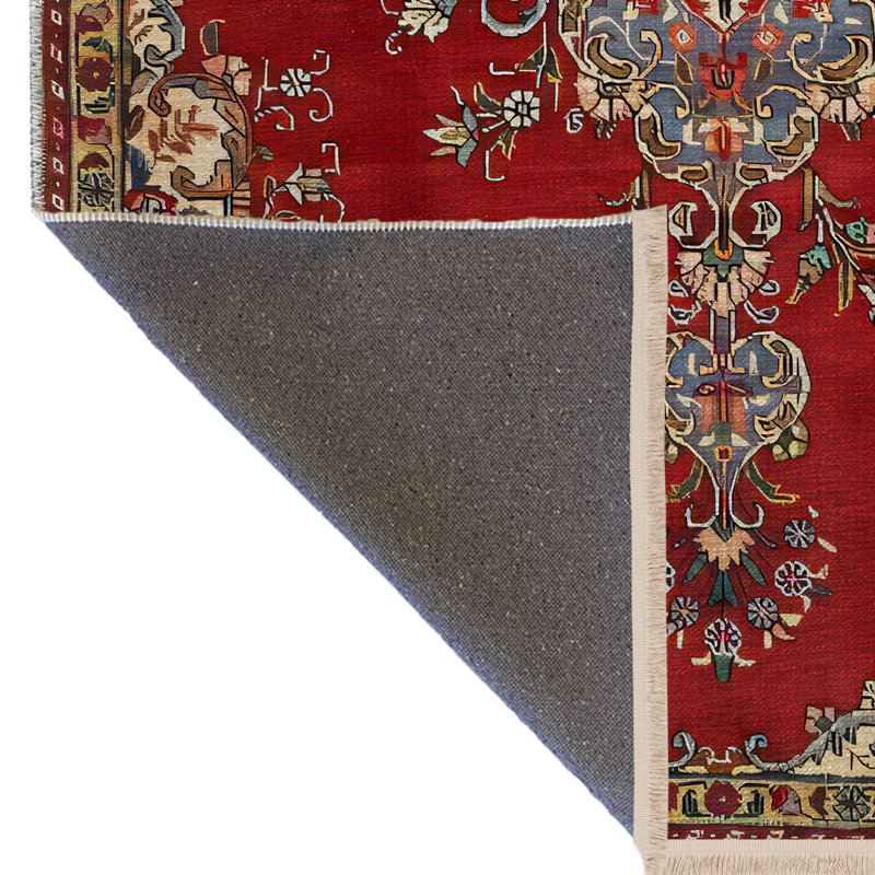 Tapis décoratif rouge à motif rétro et motif à franges, Tapis de couloir 3 pi 9,81 po x 9 pi 10,11 po