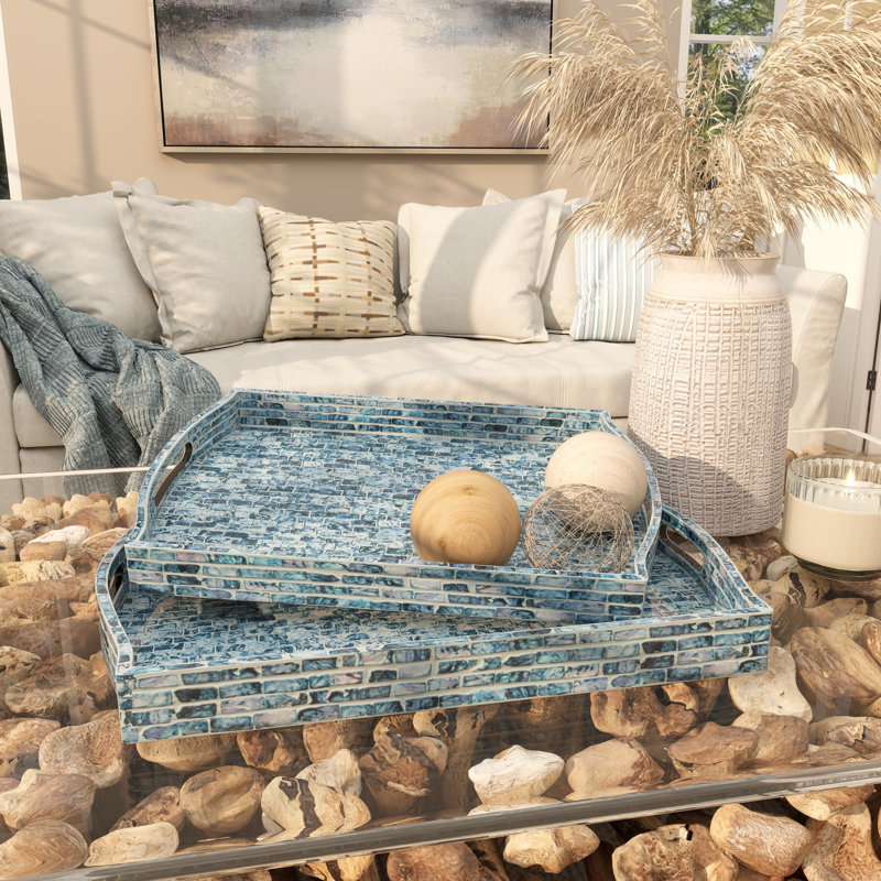 Plateau de décoration de salon en bois bleu avec poignées à fente