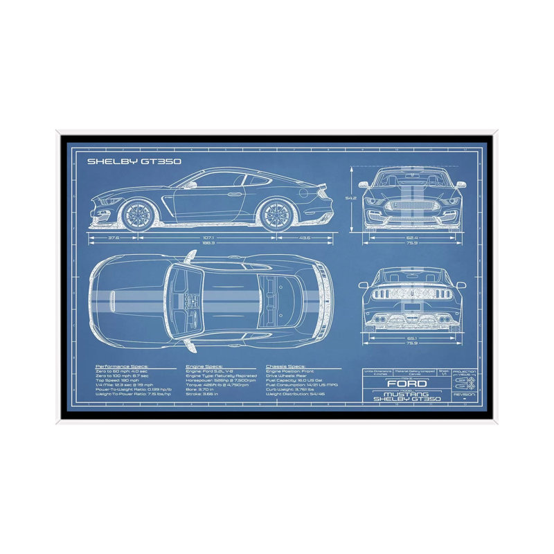 GT350 Shelby (2015-2019) Blueprint-impression de dessin, Pas de tapis, H 26 po x l 40 po x P 1,5 po, Toile blanche encadrée
