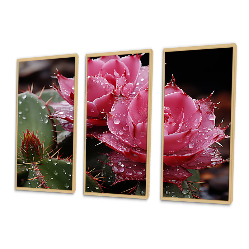 Fleurs de cactus rose - art mural floral cactus, Cadre flottant brun, H 32 po x l 48 po