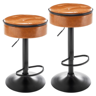 Round Storage Bar Stool Set Of 2, Faux Leather Height Adjustable Barstool, 360°Counter Height Swivel Stool, Armless Bar Chair With Metal Frame For Kit -  George Oliver, A9099C1DC0574FDE834C2C4EB904B940