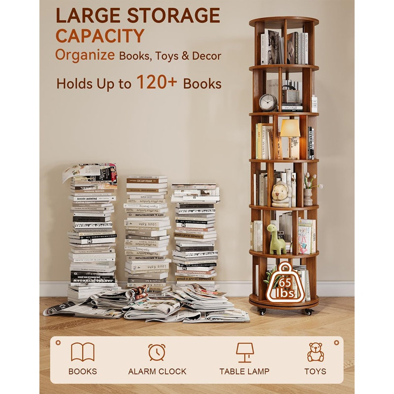 Tour de bibliothèque pivotante en bois massif avec roulettes verrouillables – Étagère d'exposition pivotante