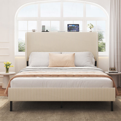 Upholstered Bed,Metal Bed Frame with Charging Station