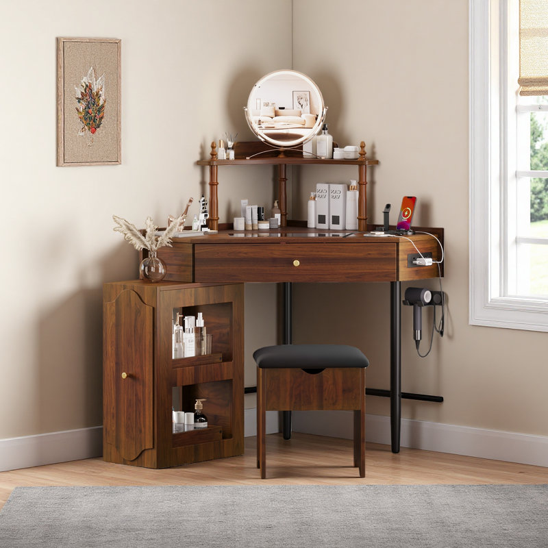 Ensemble de meuble-lavabo de coin avec tabouret de rangement rembourré et station de charge, bureau de maquillage triangulaire avec armoire latérale amovible, bureau de coiffeuse en verre avec tiroir et tablette