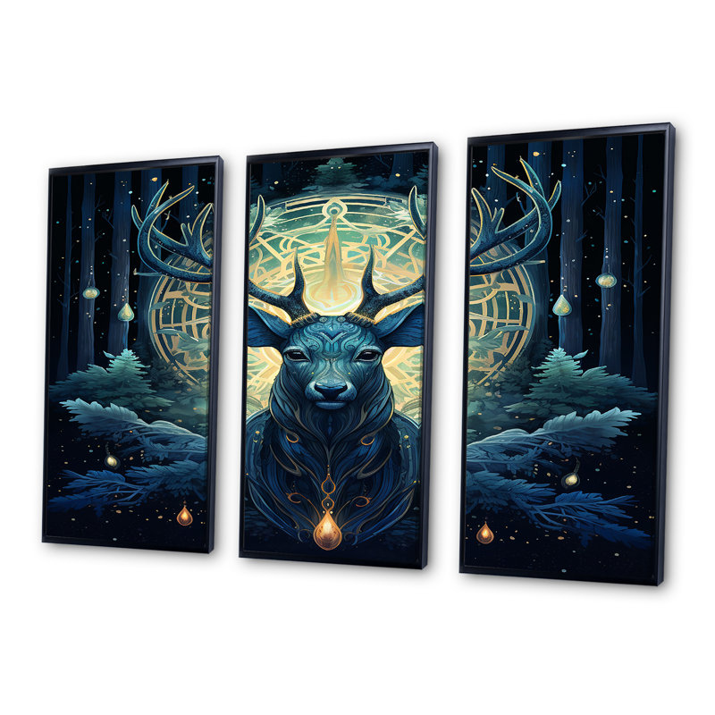 Ensemble de salon Celerial Deer Antler Enchanted Forest II - Deer Animal Wall Art, Cadre flottant noir