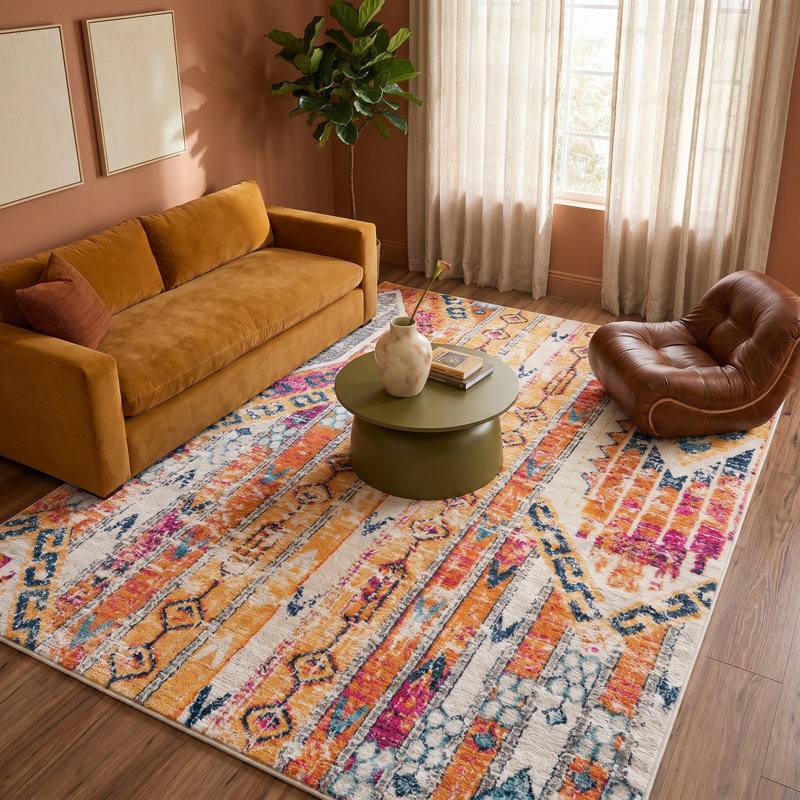 Kymiere Orange and Ivory Southwestern Dhurrie Area Rug, Rectangle 7'9" x 10'9"