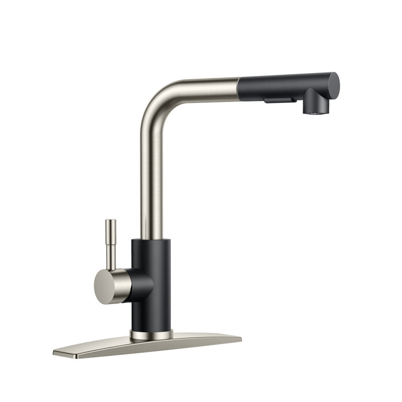 Robinet de cuisine rétractable à poignée simple avec plaque de pont, poignées et conduites d'alimentation, Noir / brossé