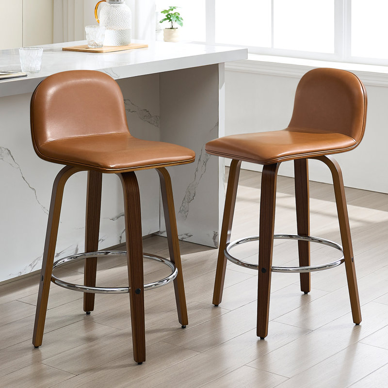 Swivel Upholstered Bar Stool, Counter Stool (26” Seat Height), Brown Leather/ Brown Frame