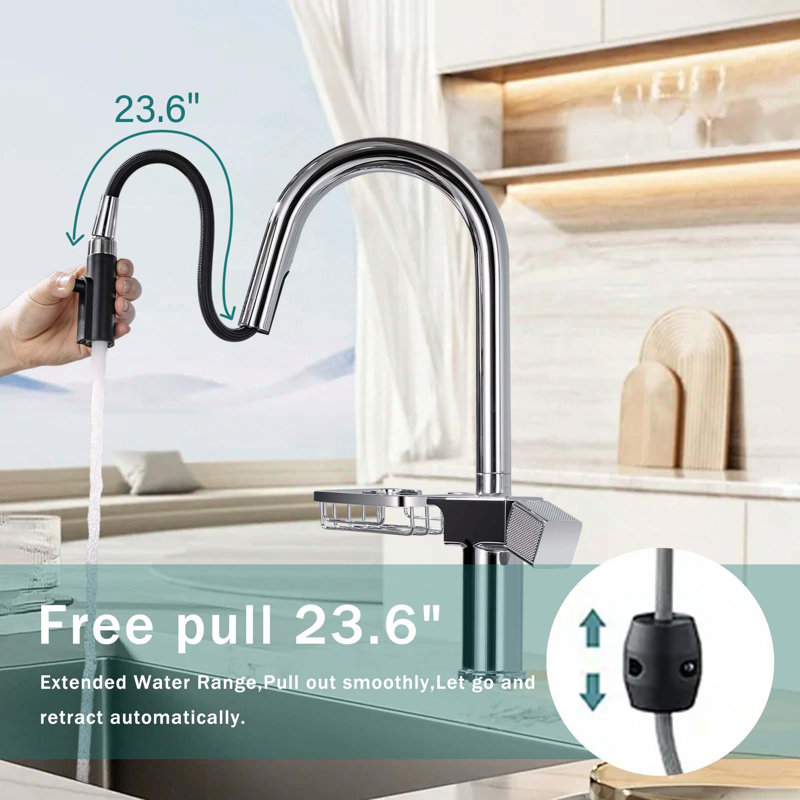 Modern Single Hole Stainless Steel High Arc Pull-Down Kitchen Faucet, Chrome