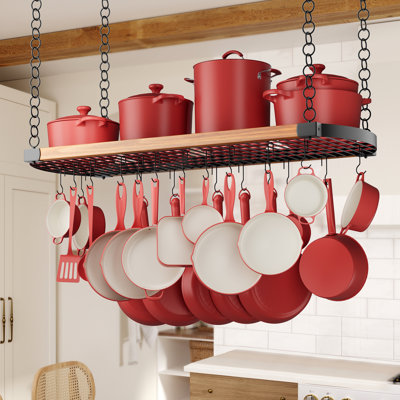 Grand support à casseroles suspendu de 48 pouces avec support pour casseroles et casseroles à capacité élevée de 130 lb avec support à casseroles et 20 crochets, cintres robustes pour la cuisine, noir mat
