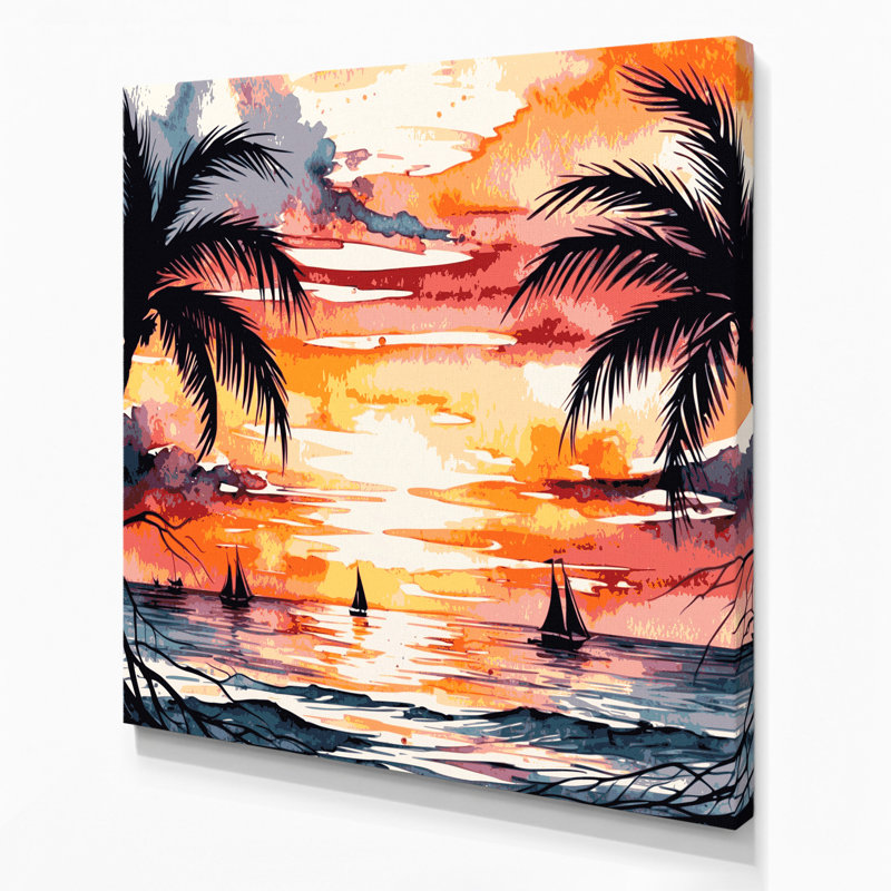 «Botanical Tropical Sunset», art mural sur toile orange, H 12 po x l 12 po