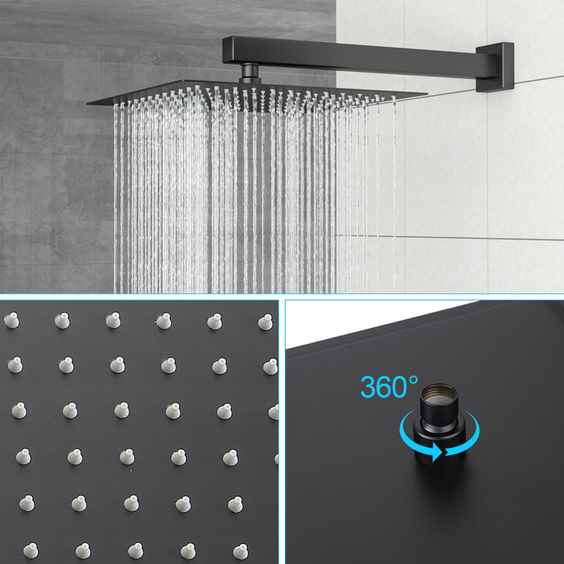 12 Inch Square Wall Mounted Dual Shower Head Matte Black System, - Balanced Scald, Rainfall With 360 Adjustability, Handheld For Different Preferences Function Valve, Ultra Thin Head, Swivel, And