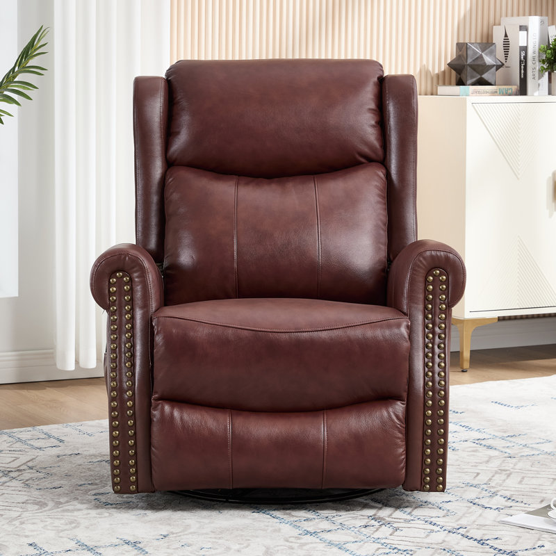 34.8"W Genuine Leather Manual Swivel Rocker Recliner Vintage Recliner With Heated Massage, Burgundy