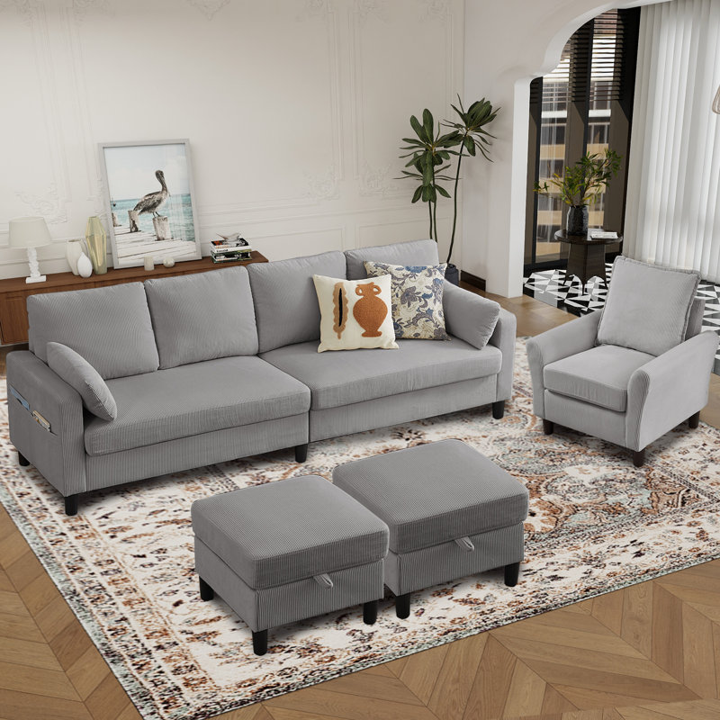 Ensemble de salon de 101 po en velours côtelé 3 pièces comprenant un canapé modulaire en L 4 places, 2 repose-pieds avec rangement et une chaise