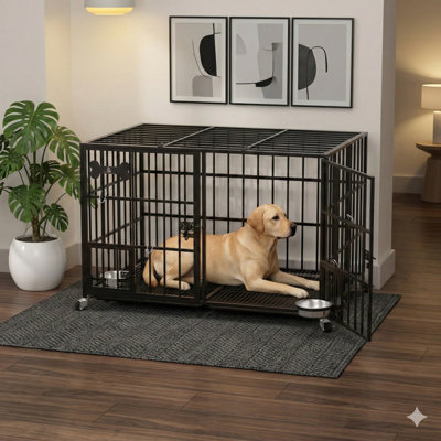 Caisse pour chien robuste en métal avec couvercle ouvert, taille de 42 pouces, avec séparateur pour deux chiens ou un grand chien, conception à l'épreuve des fuites avec roues, grille de plancher, plateau et bol d'alimentation inclus