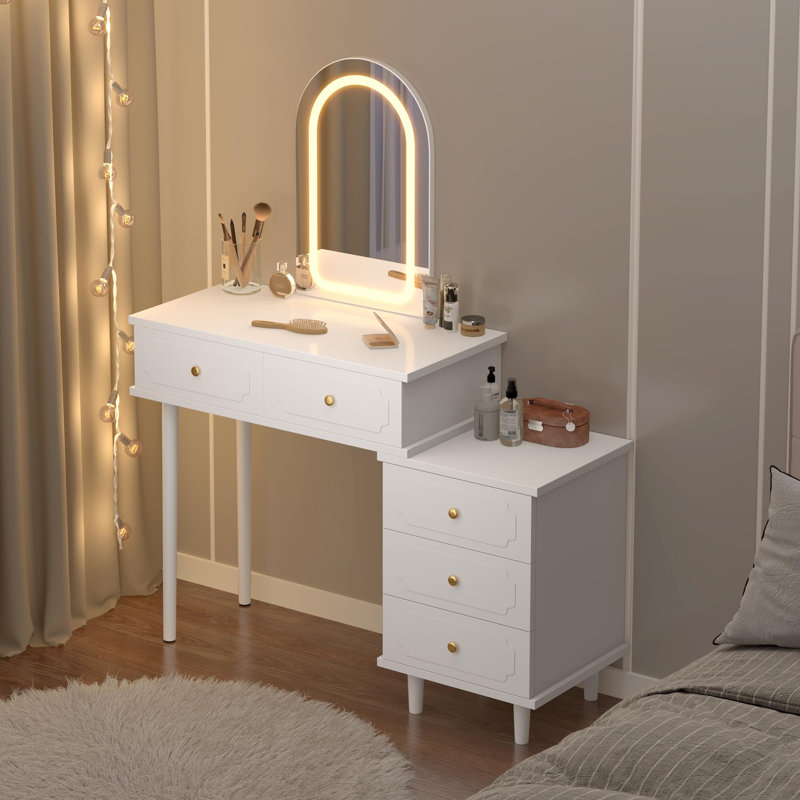 Makeup Vanity Desk with LED Lights & Mirror, Modern Wood Dressing Table with 2 Drawers and 3-Drawer Storage Cabinet, Adjustable Lighting Bedroom Vanity