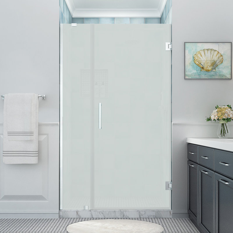Belmore XL 44.25 - 45.25 in. x 80 in. Frameless Hinged Shower Door with Ultra-Bright Glass, Stainless Steel, Frosted Glass