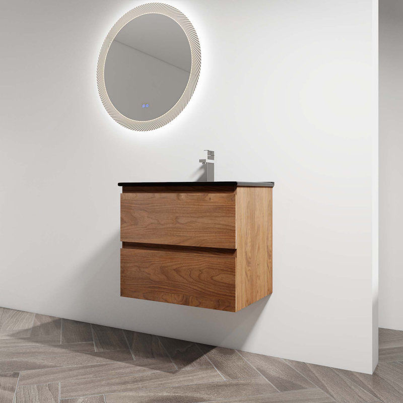 Meuble-lavabo mural avec lavabo en céramique, 2 tiroirs à fermeture en douceur, Chêne brun, Noir