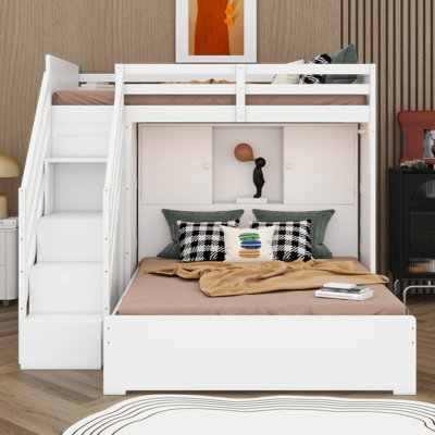 Twin Over Full L-Shaped Bunk Bed With Storage Stairs, Shelves & Wardrobe, LED Lighting