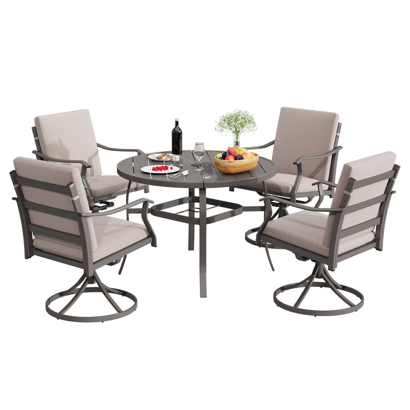 5-piece Outdoor Patio Dining Set, 4 Swivel Chairs With Removable Cushions & Round Metal Table With Umbrella Hole, All-weather Furniture For Backyard, Garden And Deck