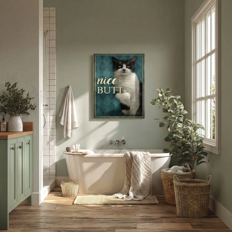Pouce vers le haut de chat - belle toile tendue sur toile tendue - décor d'illustrations pour salle de bain et de lessive, noir, blanc et bleu