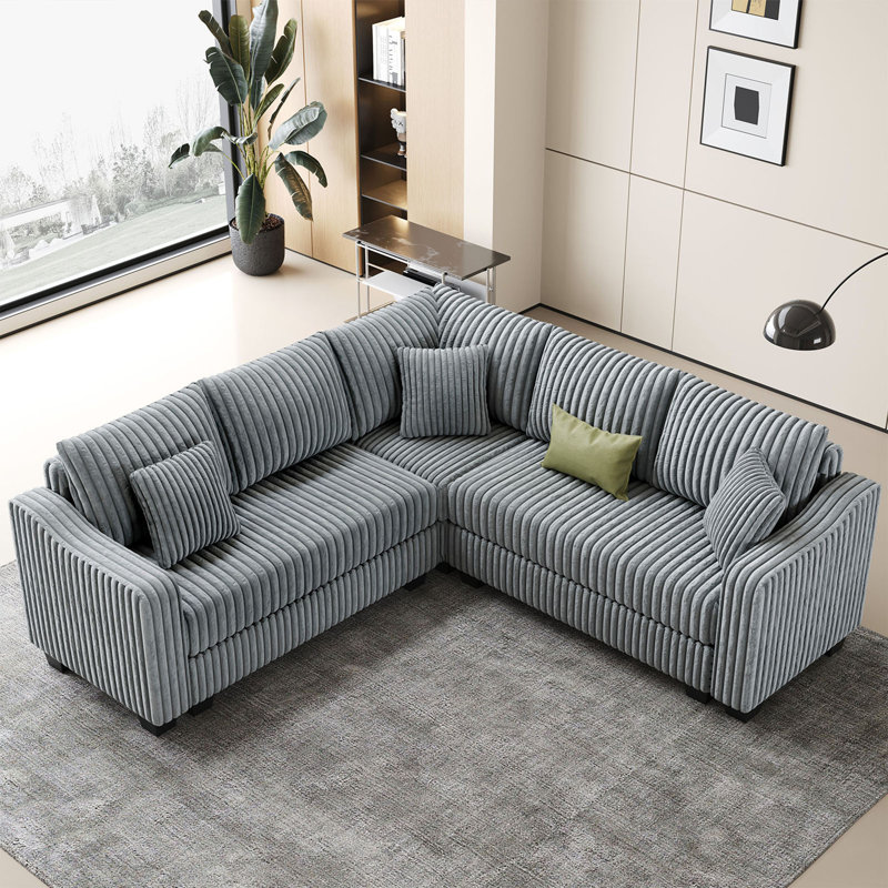 Canapé modulaire en L en velours côtelé moelleux, petit canapé pour petites pièces, Velours côtelé gris pâle