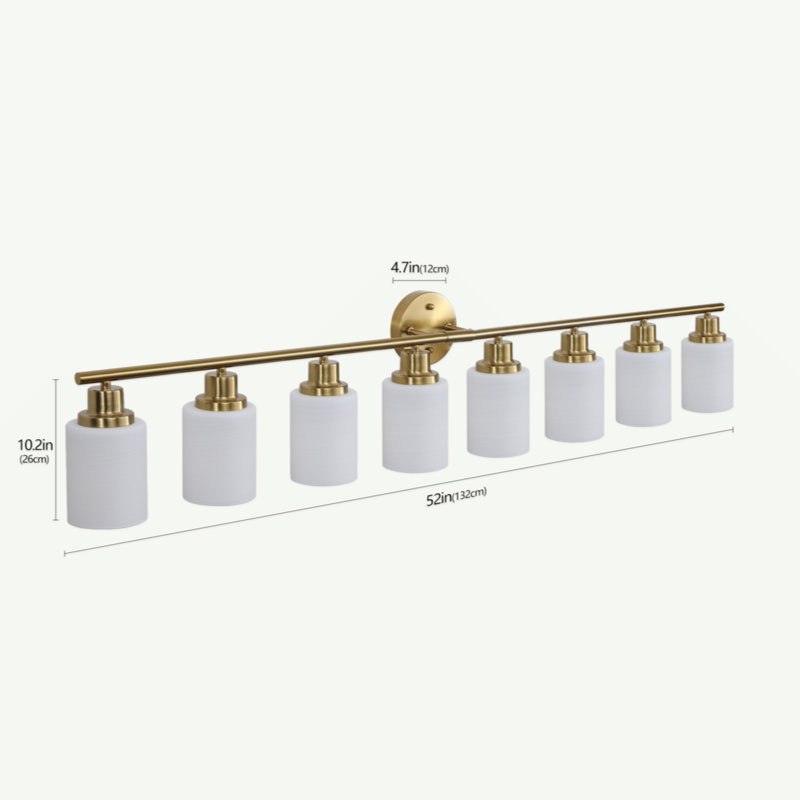 Luminaire de salle de bain 8 lumières doré, abat-jour en verre givré, éclairage mural moderne (sans ampoules)