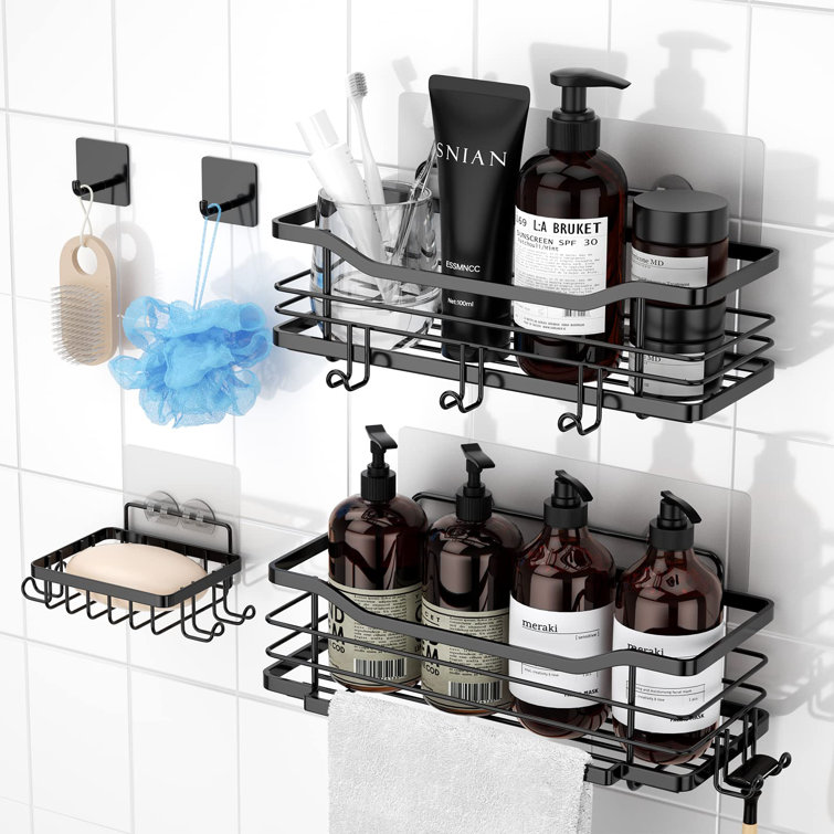 KINCMAX Shower Caddy Basket Shelf with Hooks, Caddy Organizer Wall Mounted Rustproof Basket with Adhesive, No Drilling, 304 Stainless Steel, Storage