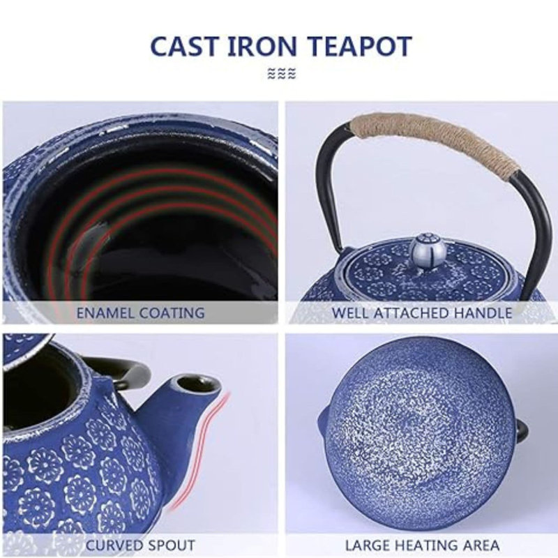 Blue Floral Cast Iron Japanese Teapot Set with 4 Cups