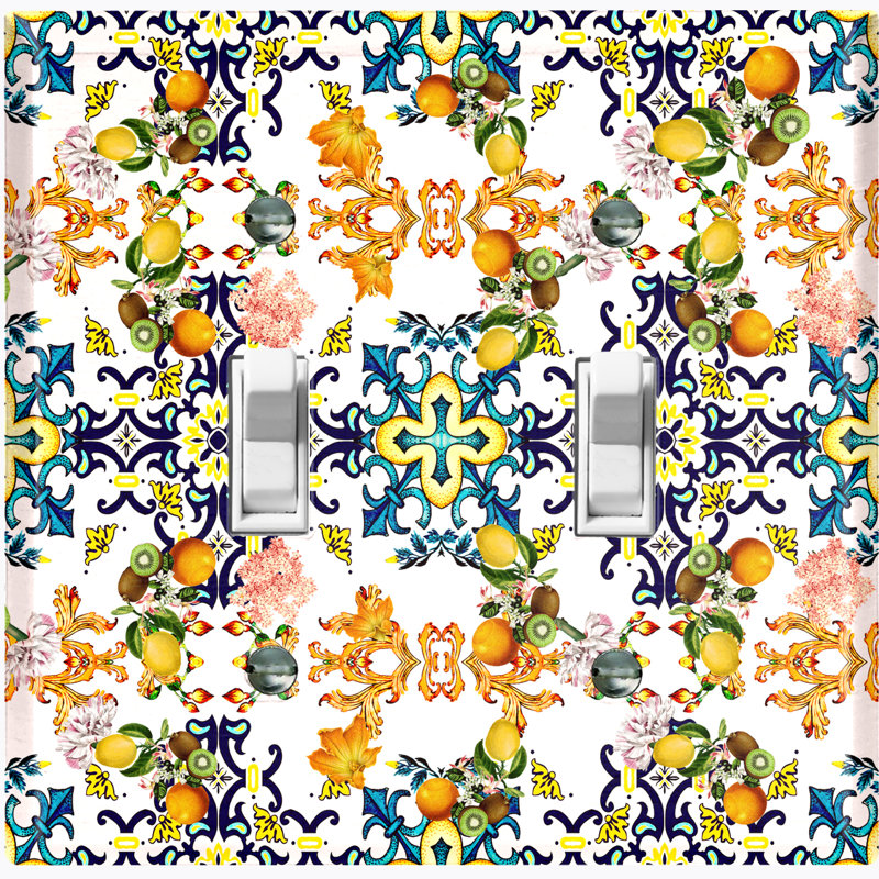 Blue Yellow Damask Tile Fruit White Patterned 2 - Gang Toggle Light Switch Standard Wall Plate