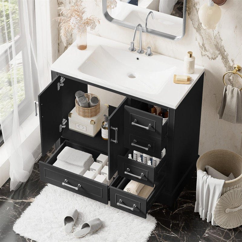 Meuble-lavabo traditionnel de 36 pouces avec lavabo en résine, deux portes et quatre tiroirs pour un rangement organisé, Noir