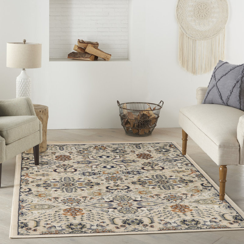 Tapis floral vert et ivoire 4 pi x 6 pi tissé à la machine